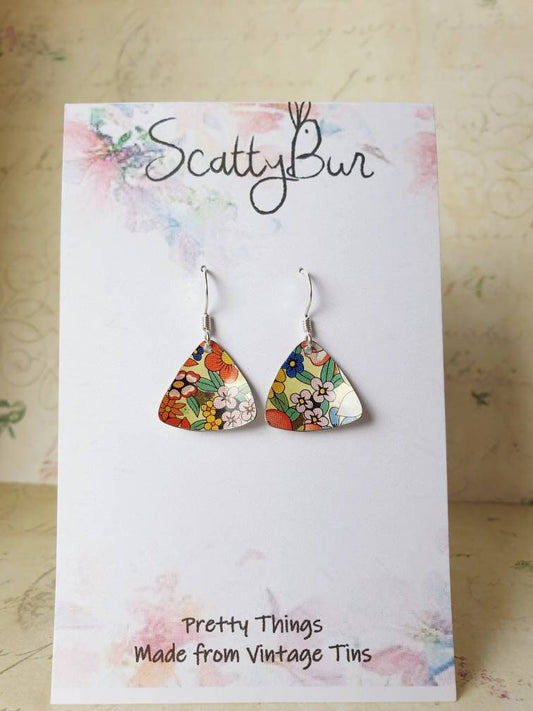 1970s Floral Tin Earrings: Upcycled Vintage Biscuit Tin, Sterling Silver Hooks