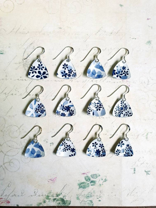 Ditsy Blue Floral Earrings (1pr): Upcycled Gift Tin, Sterling Silver Hooks
