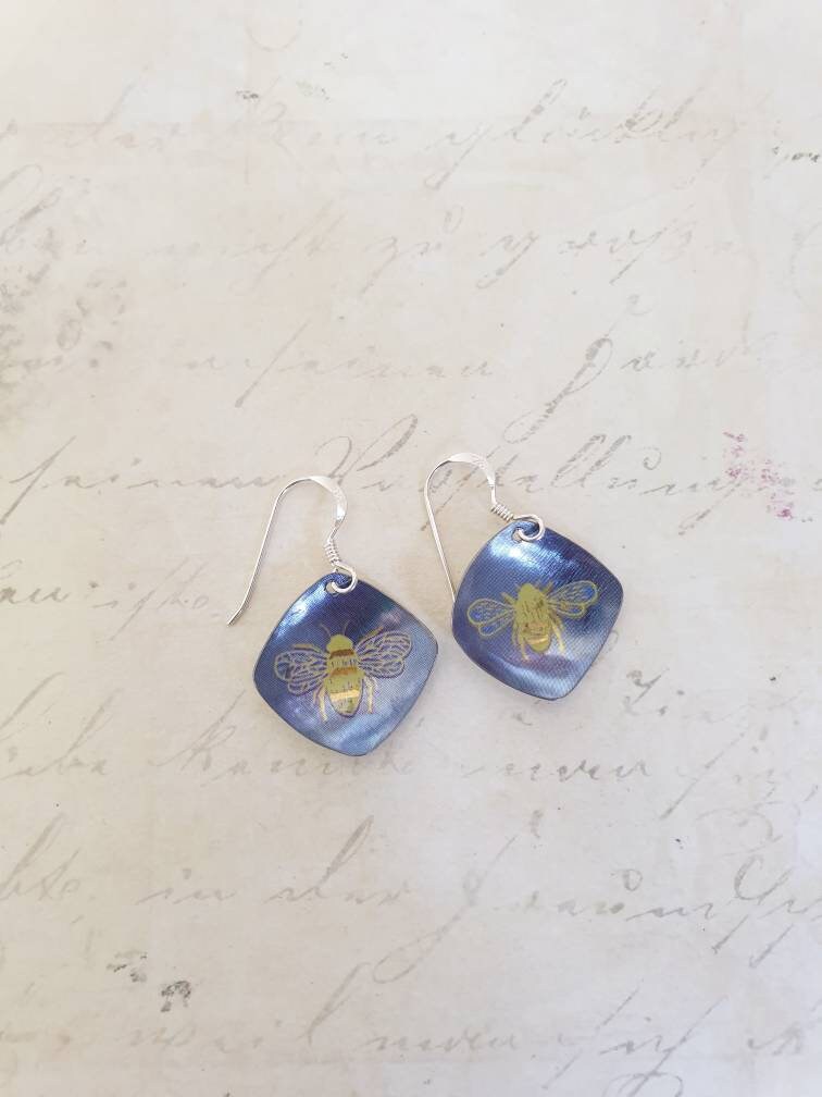 Blue Bees Tin Earrings
