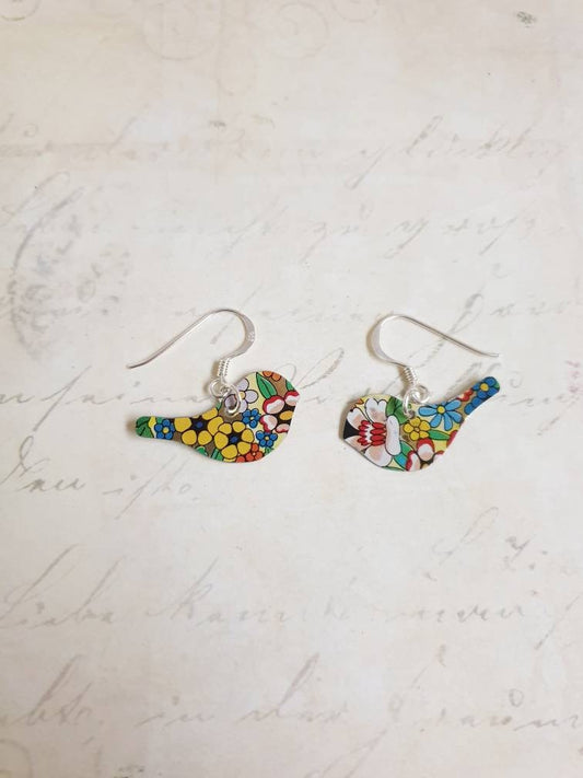 1970s Vintage Tin Floral Birds Earrings