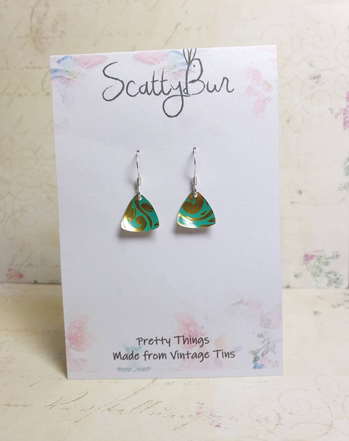 Recycled Tin Triangle Earrings: Turquoise & Gold Small Drop