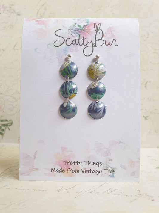 Blue Floral Long Drop Upcycled Tin Earrings