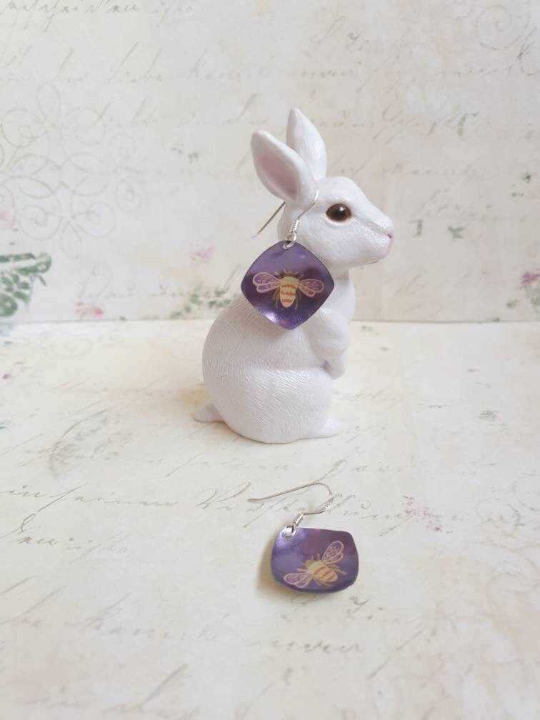 Recycled Tin  Purple Bee Earrings: Sterling Silver Hooks, Nature Jewelry
