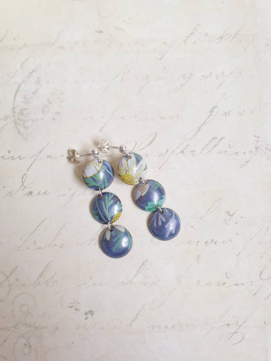 Blue Floral Long Drop Upcycled Tin Earrings