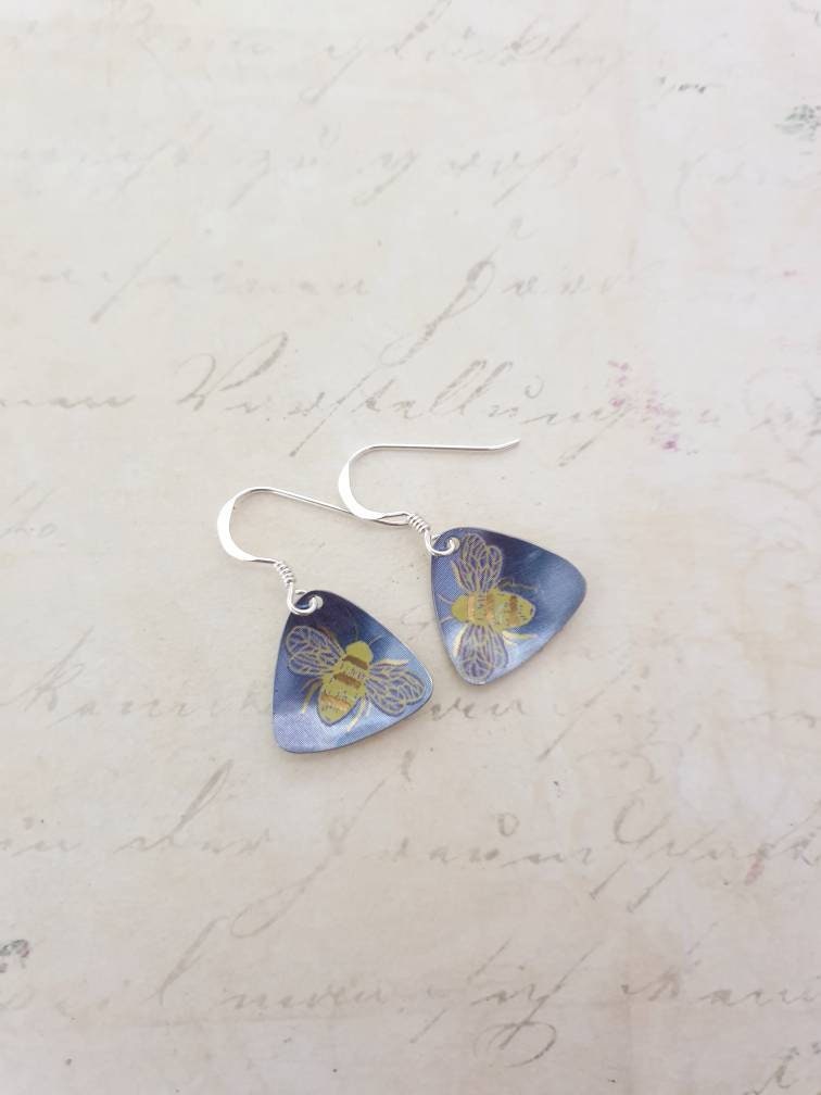 Recycled Tin Blue Bee Earrings: Boho Sterling Silver Dangles
