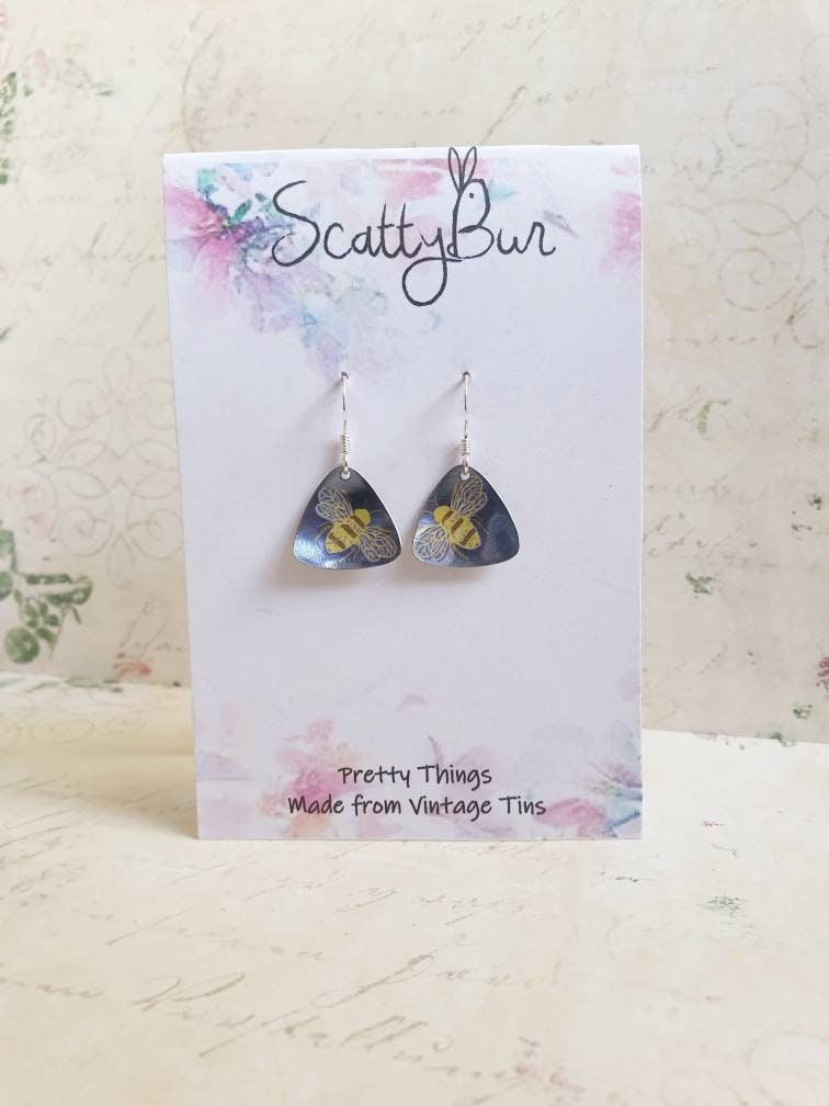Recycled Tin Blue Bee Earrings: Boho Sterling Silver Dangles