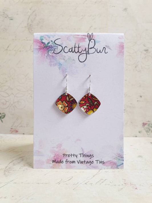 1950s Red Floral Vintage Tin Earrings: Small Square