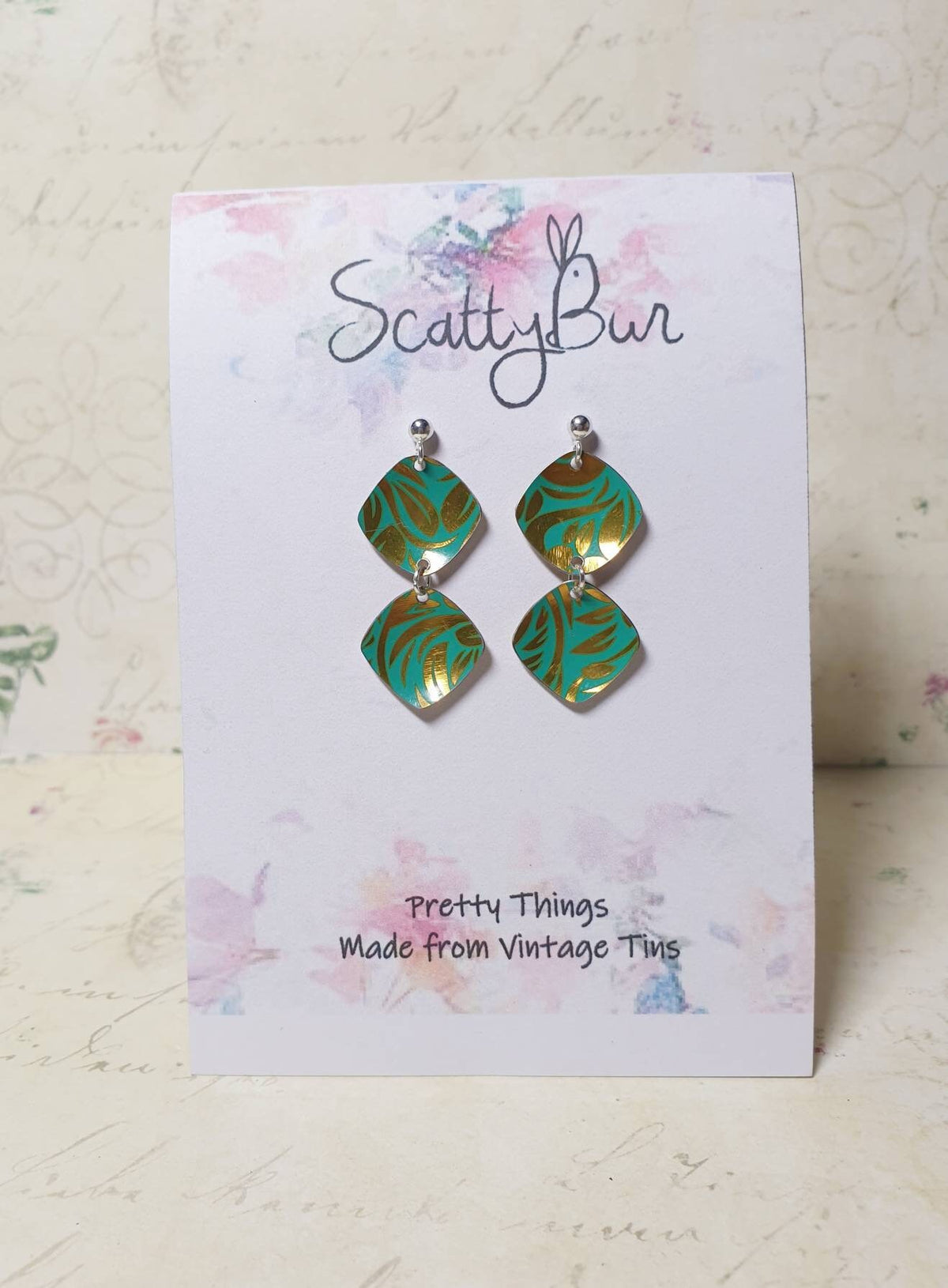 Turquoise Double-Drop Earrings: Recycled Tin & Sterling Silver