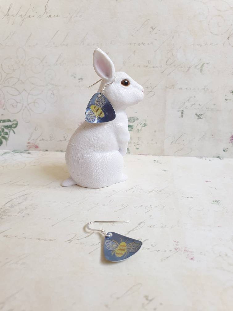 Recycled Tin Blue Bee Earrings: Boho Sterling Silver Dangles