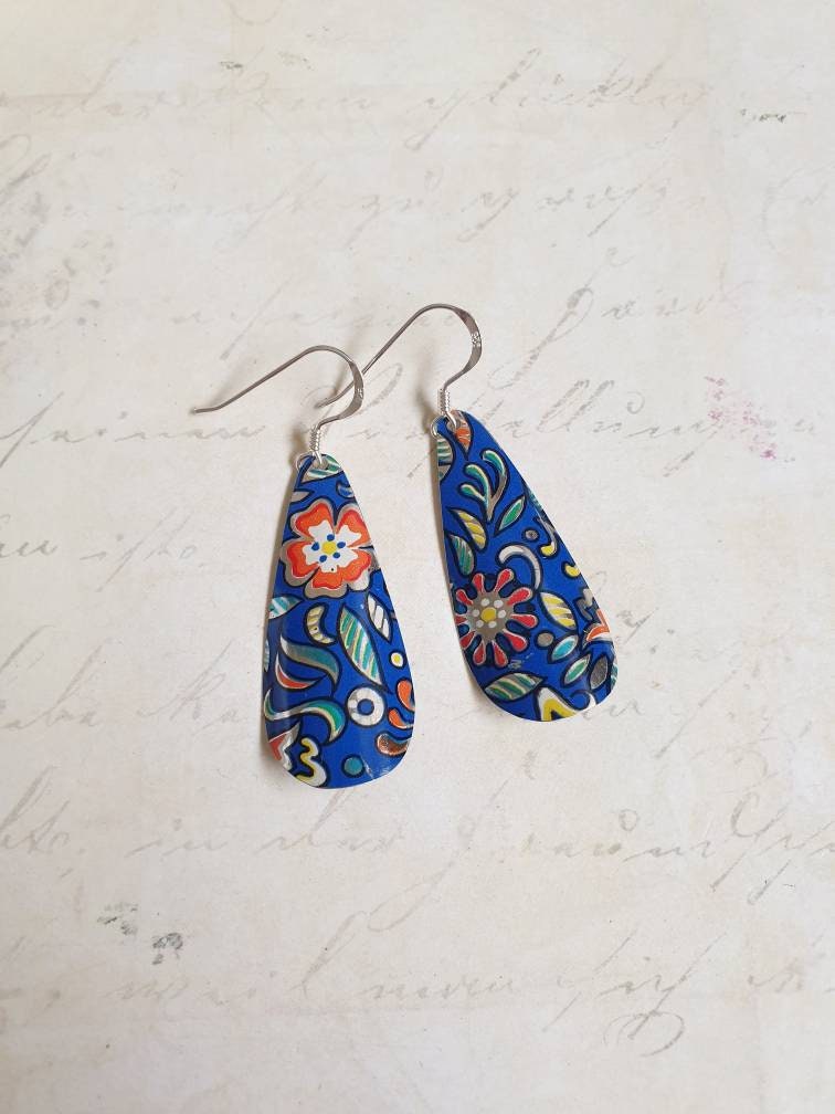 Blue 1950s Vintage Tin Teardrop Earrings