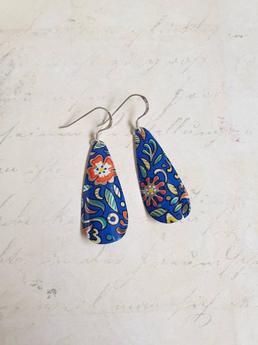 Blue 1950s Vintage Tin Teardrop Earrings