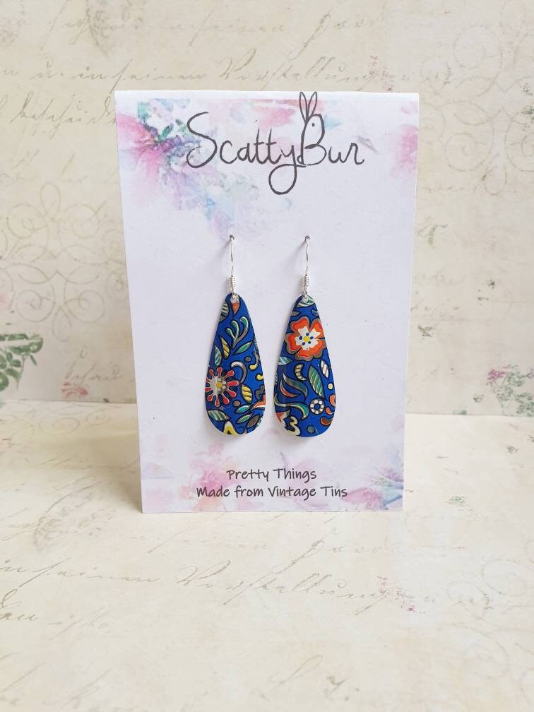 Blue 1950s Vintage Tin Teardrop Earrings