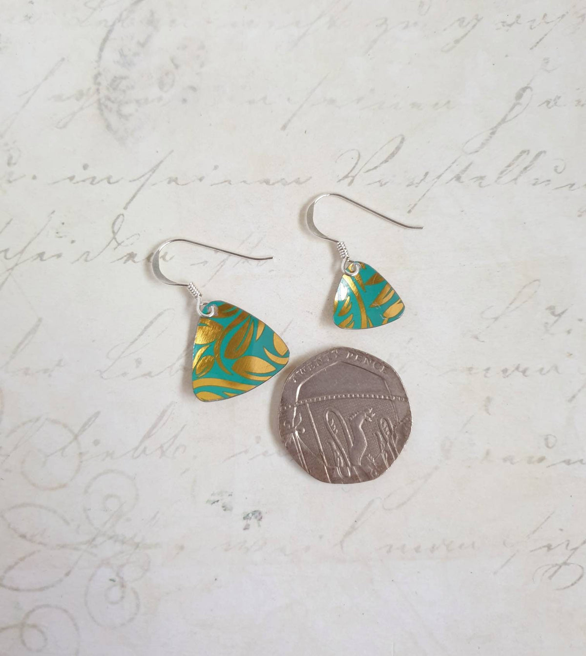 Recycled Tin Triangle Earrings: Turquoise & Gold Small Drop