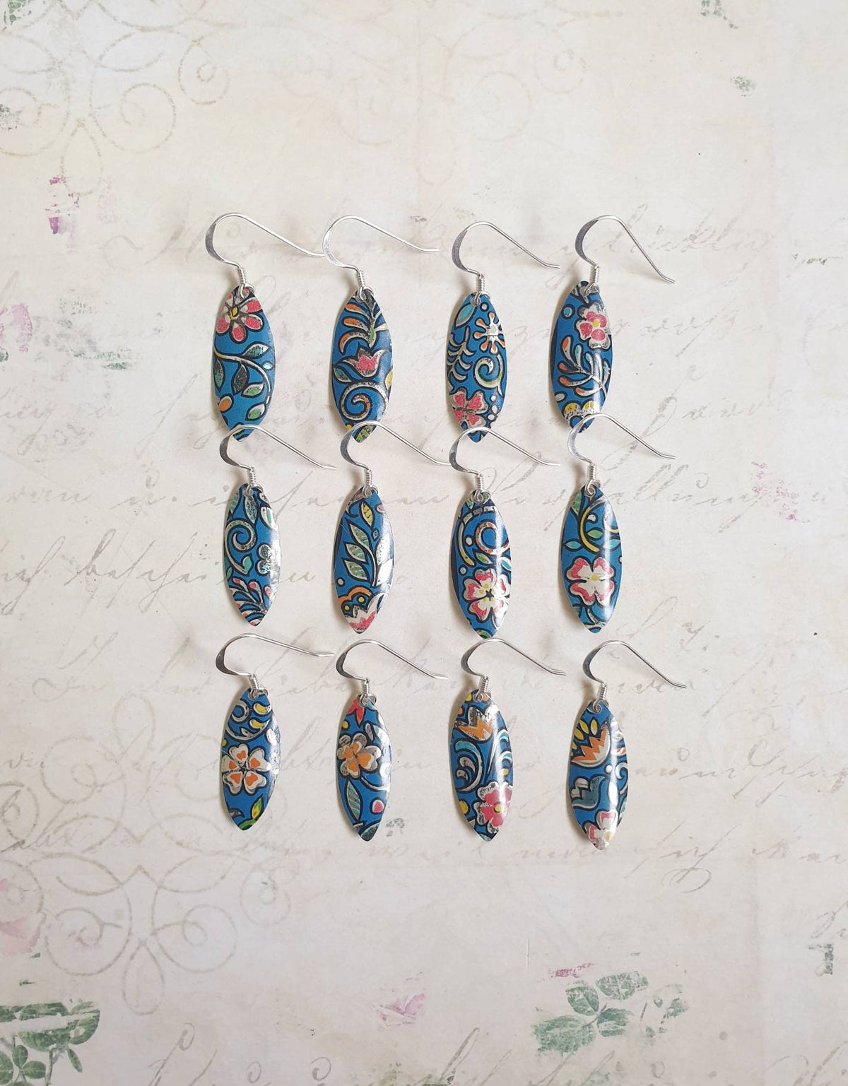 Blue Floral 1950s Vintage Tin Earrings