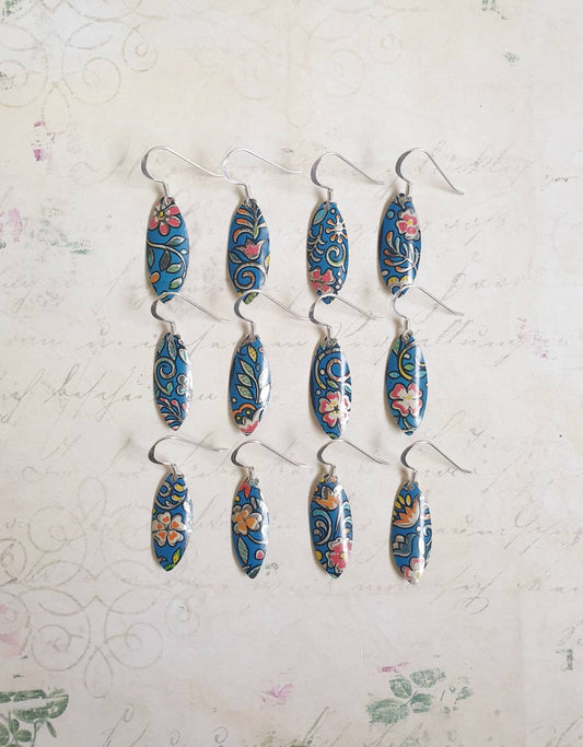 Blue Floral 1950s Vintage Tin Earrings