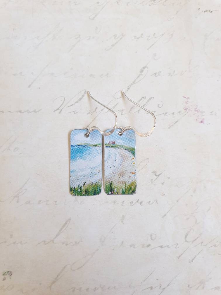 Fistral Beach Earrings: Cornish Coastal Scene, Recycled Tin & Sterling Silver