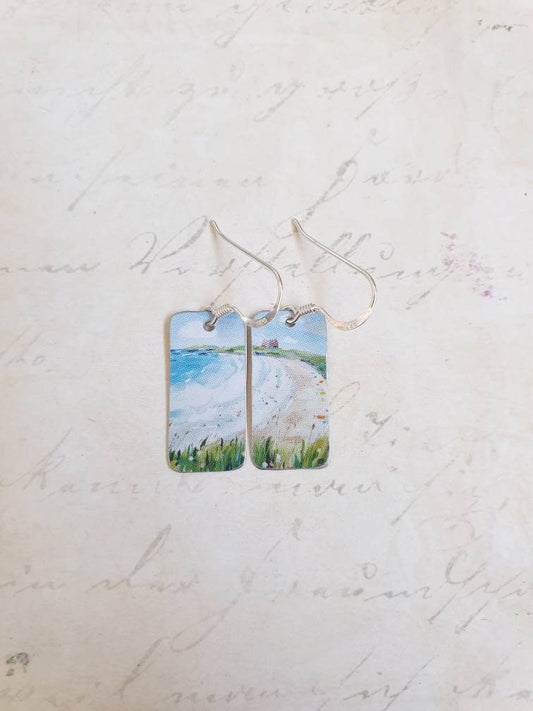 Fistral Beach Earrings: Cornish Coastal Scene, Recycled Tin & Sterling Silver