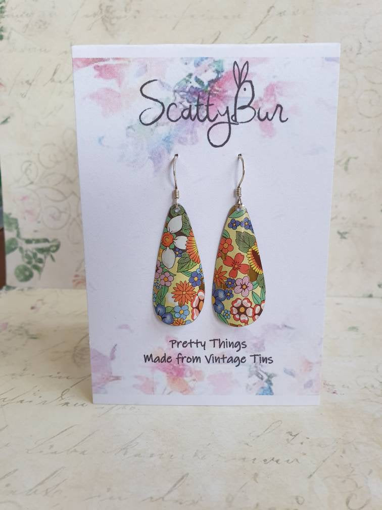 Vintage 1970s Tin Earrings: Floral Long Drop