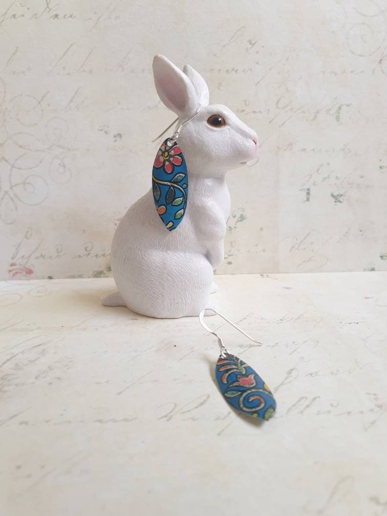 Blue Floral 1950s Vintage Tin Earrings