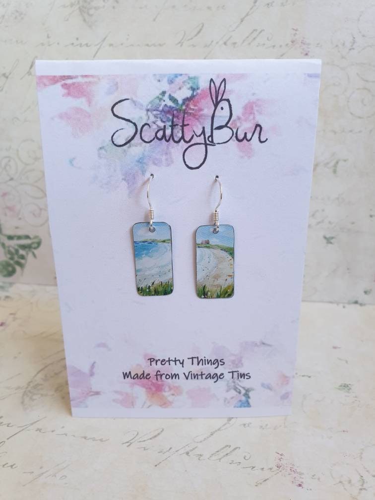 Fistral Beach Earrings: Cornish Coastal Scene, Recycled Tin & Sterling Silver