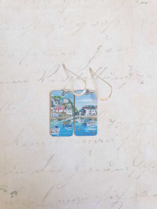 Mevagissey Harbour Earrings: Recycled Tin Cornish Scene, Sterling Silver