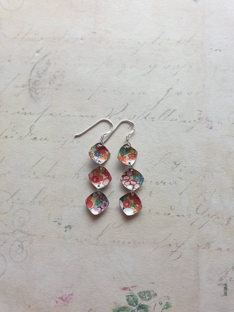 Recycled Tin Drop Earrings: 1970s Flower Power Boho Jewelry
