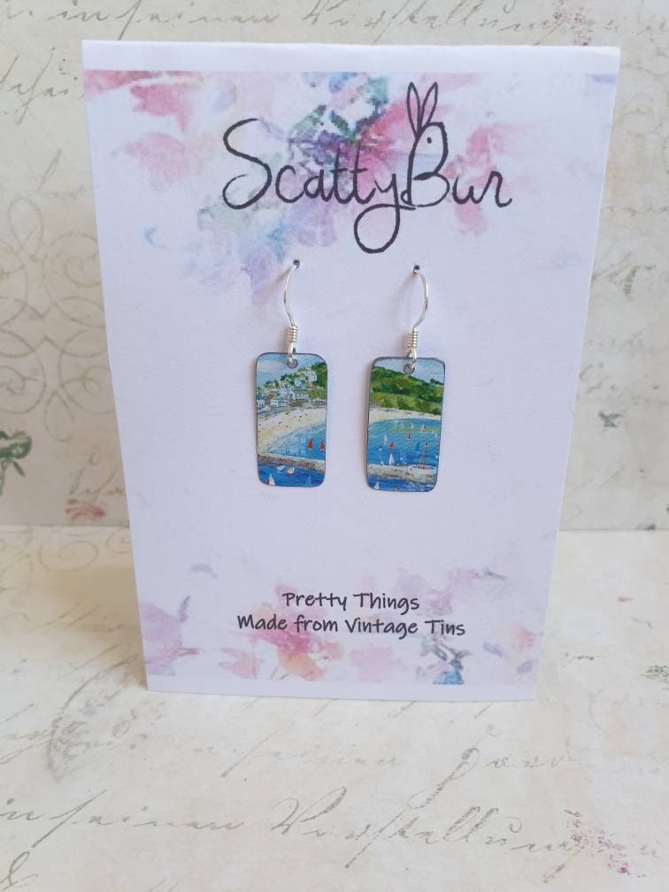 Recycled Tin Earrings: Looe Beach Cornish Coastal Scene, Sterling Silver