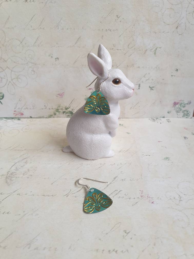 Turquoise & Gold Earrings: Upcycled Tea Tin, Sterling Silver Hooks