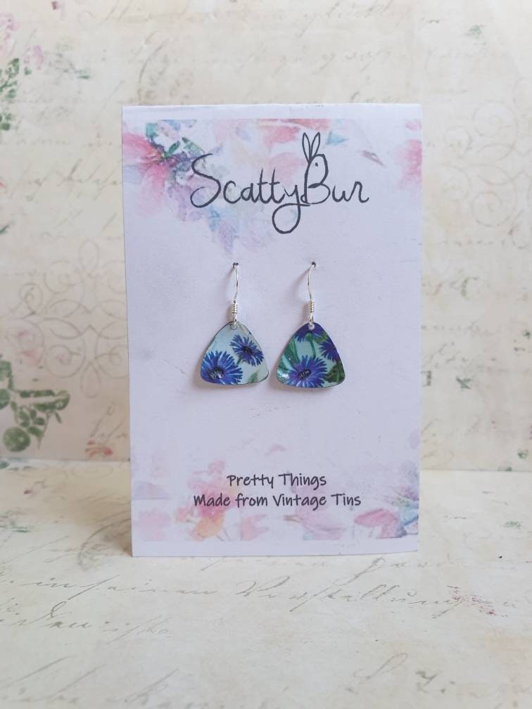 Upcycled Tin Earrings: 1963 Cornflower Design, Boho Style