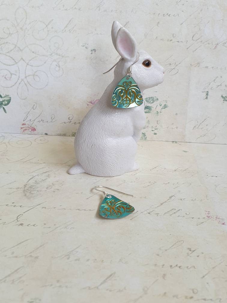 Turquoise & Gold Triangle Earrings: Recycled Tin, Sterling Silver Hooks