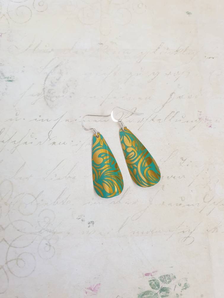 Turquoise Teardrop Tin Earrings: Sterling Silver Hooks