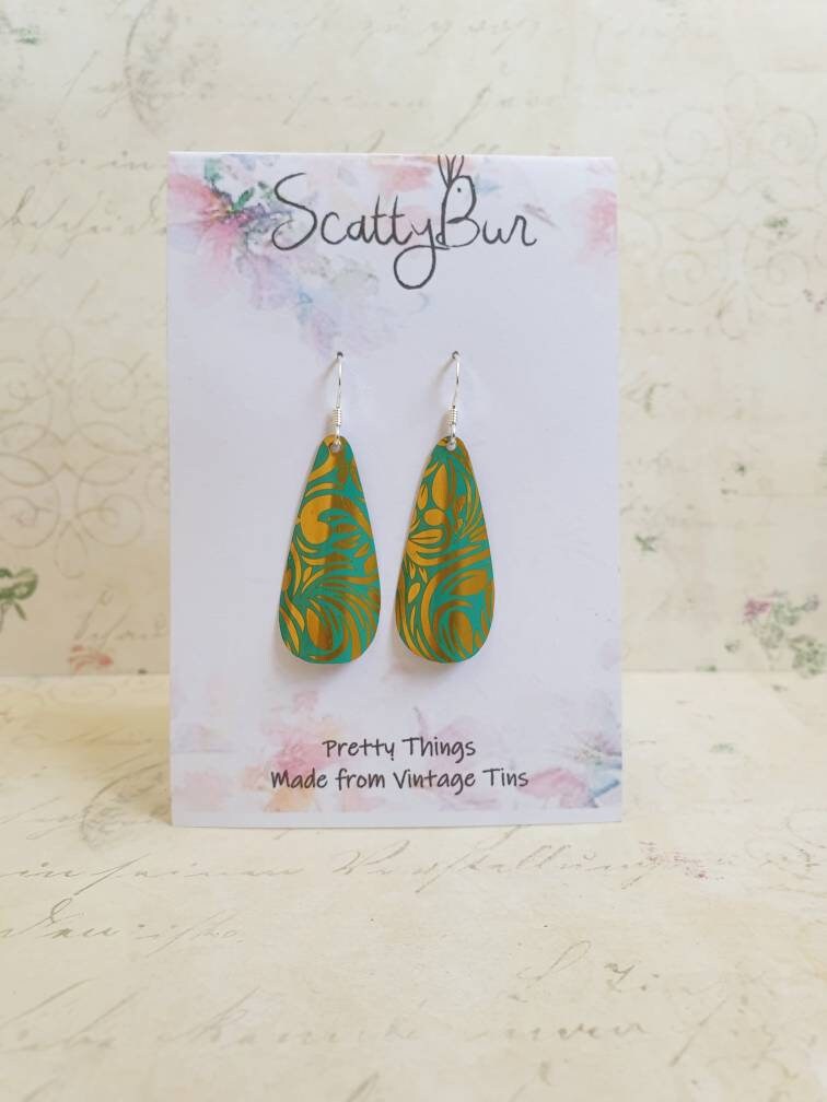 Turquoise Teardrop Tin Earrings: Sterling Silver Hooks