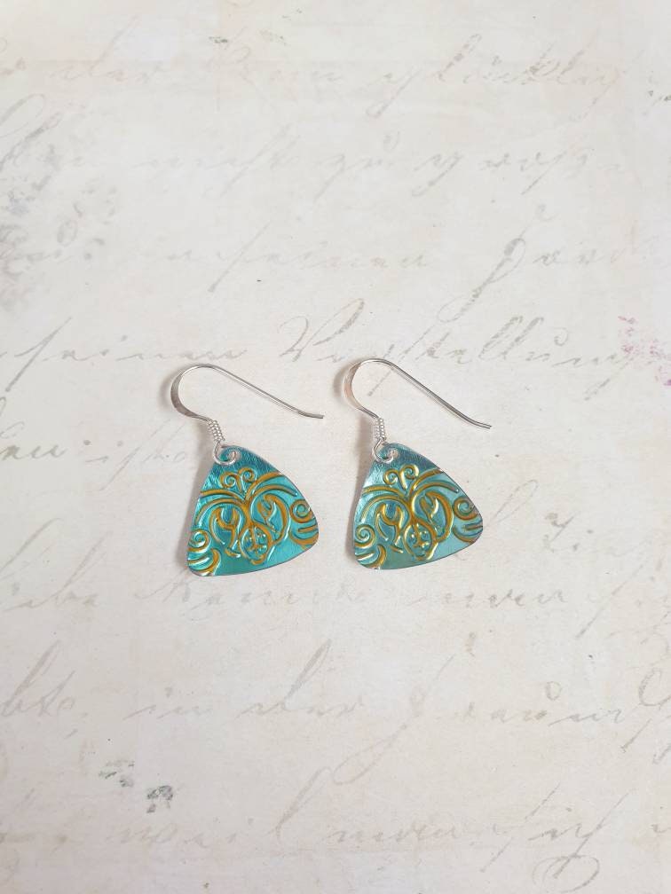 Turquoise & Gold Triangle Earrings: Recycled Tin, Sterling Silver Hooks