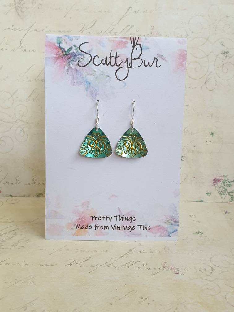 Turquoise & Gold Triangle Earrings: Recycled Tin, Sterling Silver Hooks