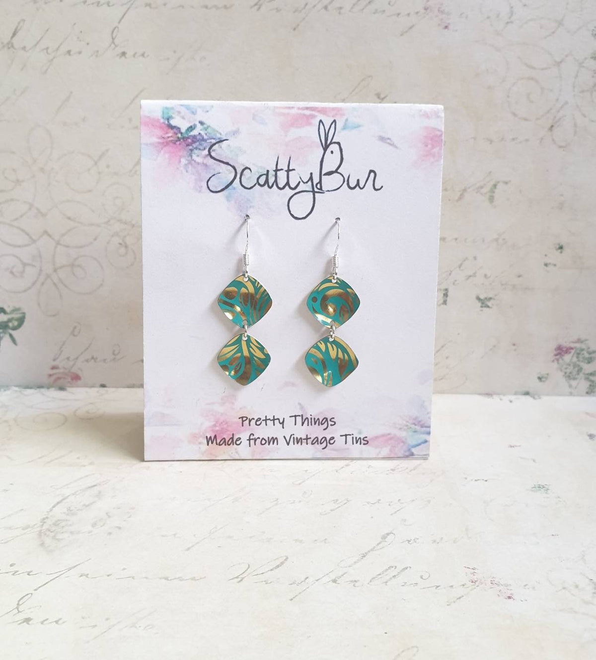 Turquoise Double-Drop Earrings: Recycled Tin & Sterling Silver