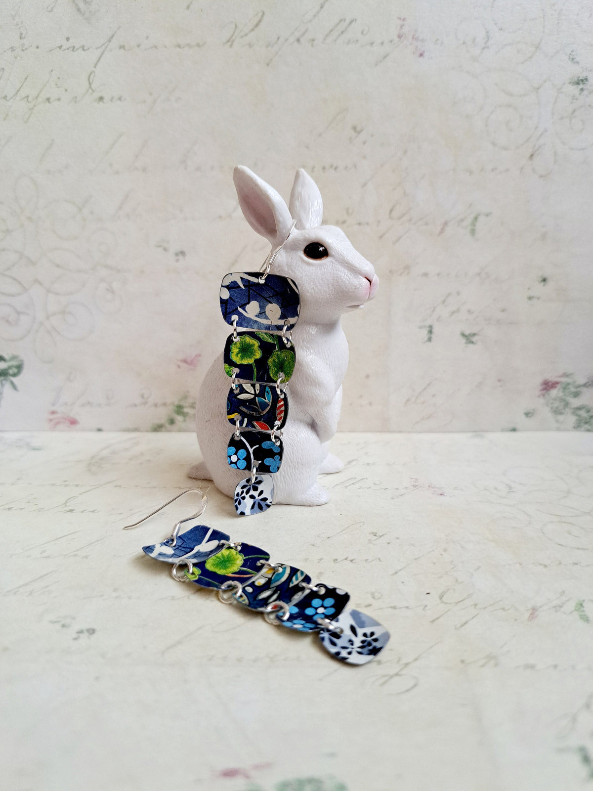 Recycled Tin Dangle Earrings: Blue Multi-Color, Hand-Cut