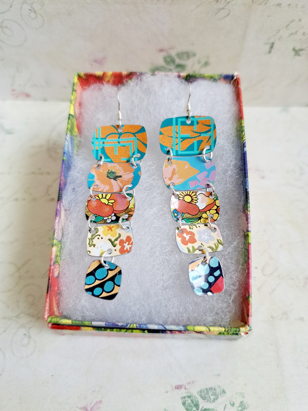 Recycled Tin Dangle Earrings: Multi-Color Long Graduated Design
