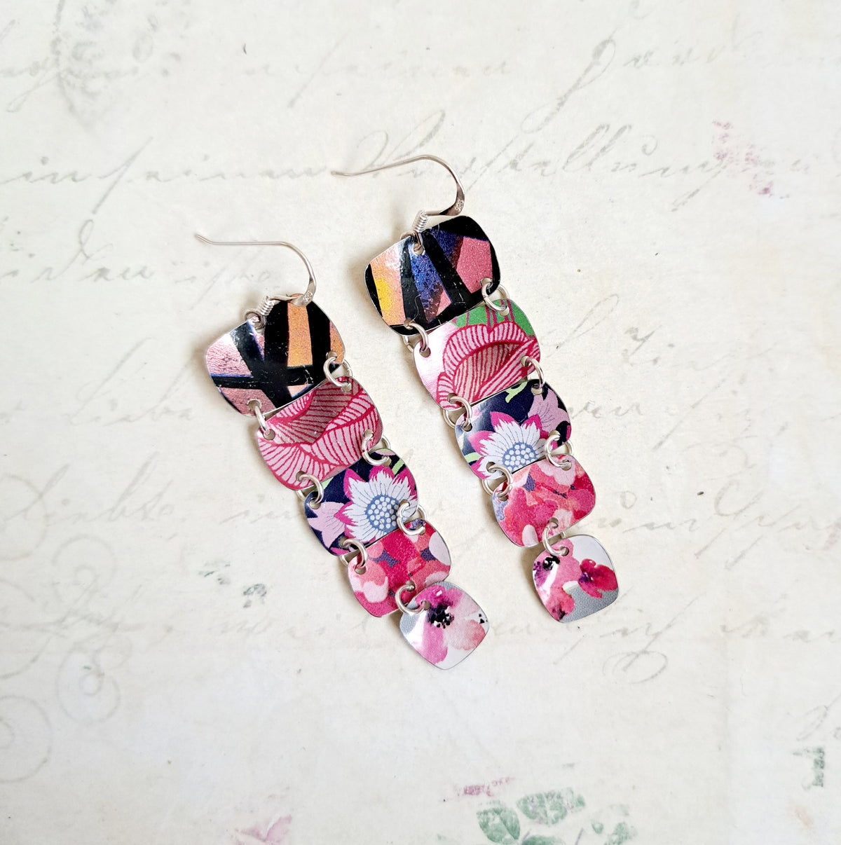 Recycled Tin Dangle Earrings: Pink Multi-Color, Long Graduated Design