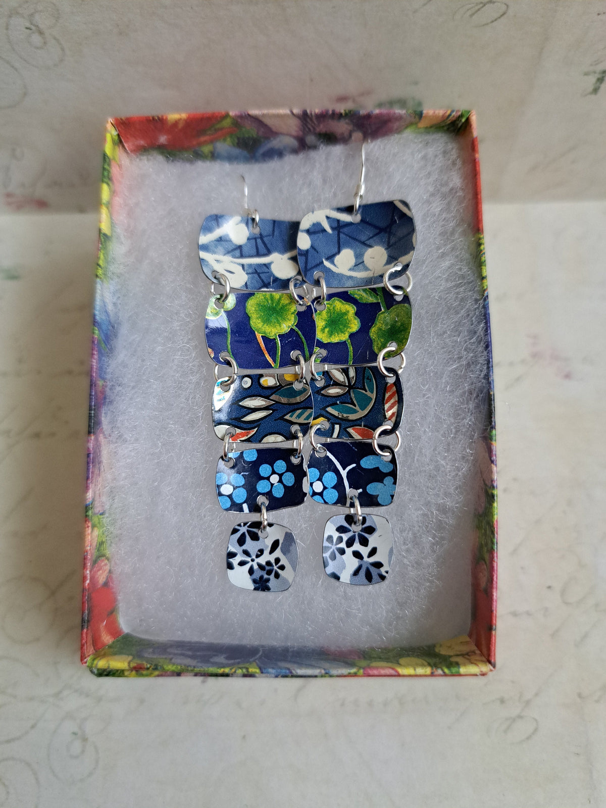 Recycled Tin Dangle Earrings: Blue Multi-Color, Hand-Cut
