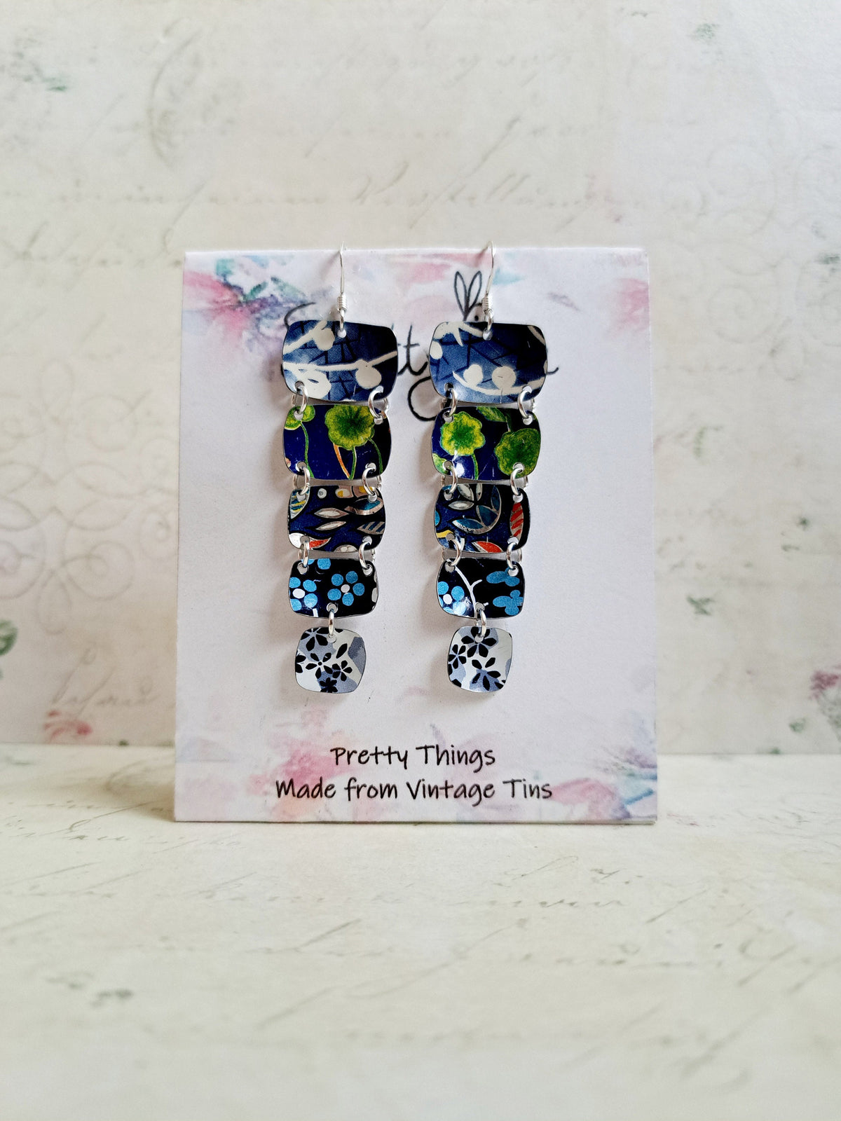 Recycled Tin Dangle Earrings: Blue Multi-Color, Hand-Cut