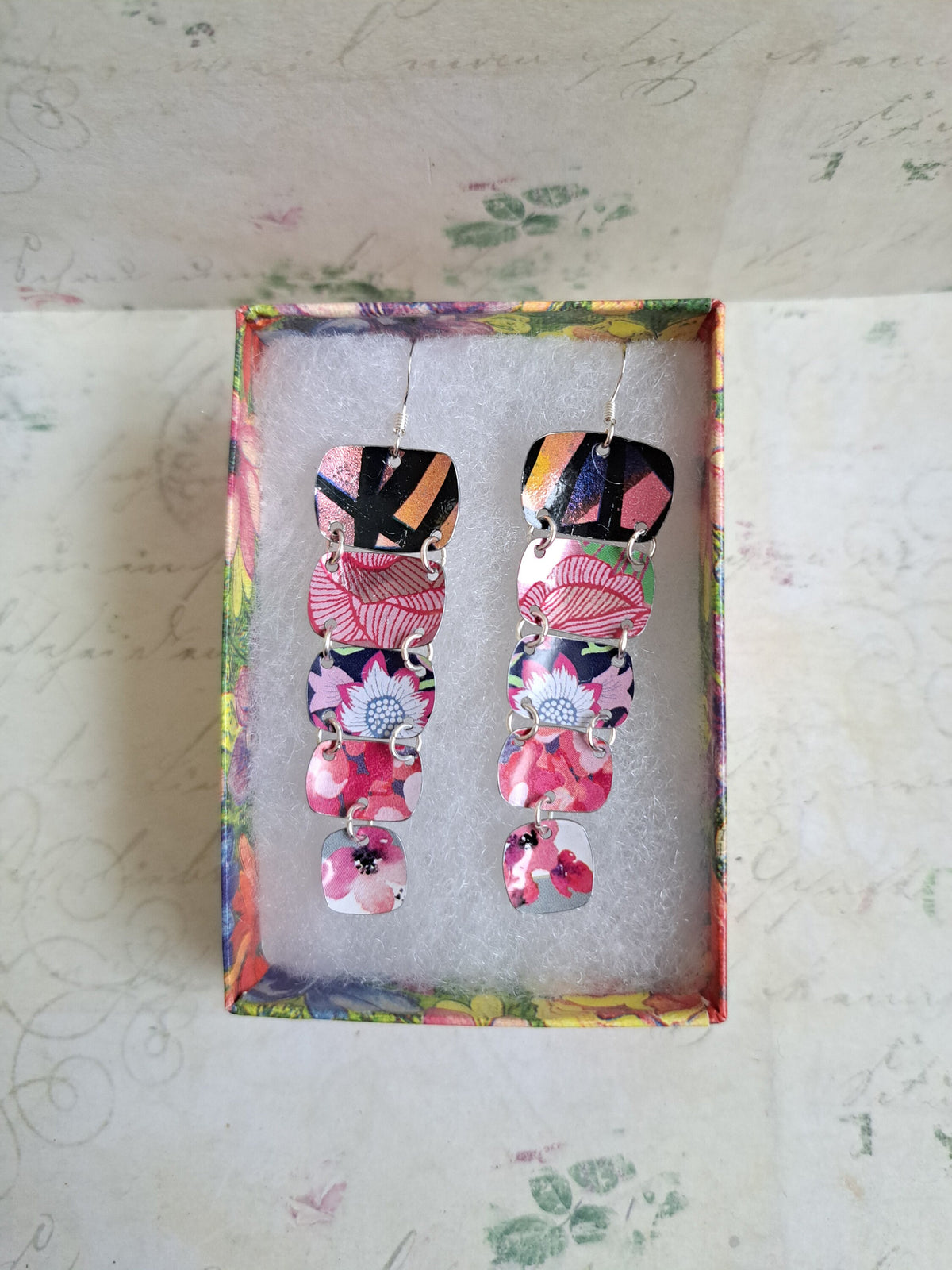 Recycled Tin Dangle Earrings: Pink Multi-Color, Long Graduated Design