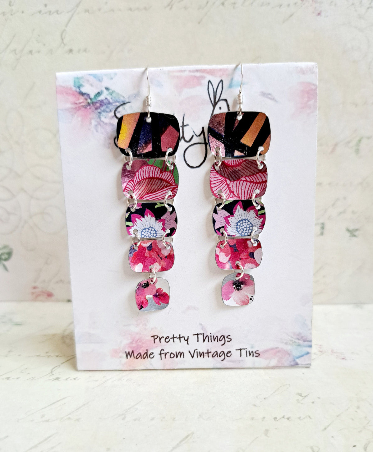 Recycled Tin Dangle Earrings: Pink Multi-Color, Long Graduated Design