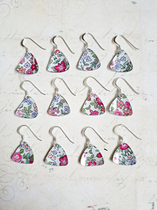 Ditsy Pink/Blue Floral Earrings (1pr) - Upcycled Gift Tin, Sterling Silver Hooks