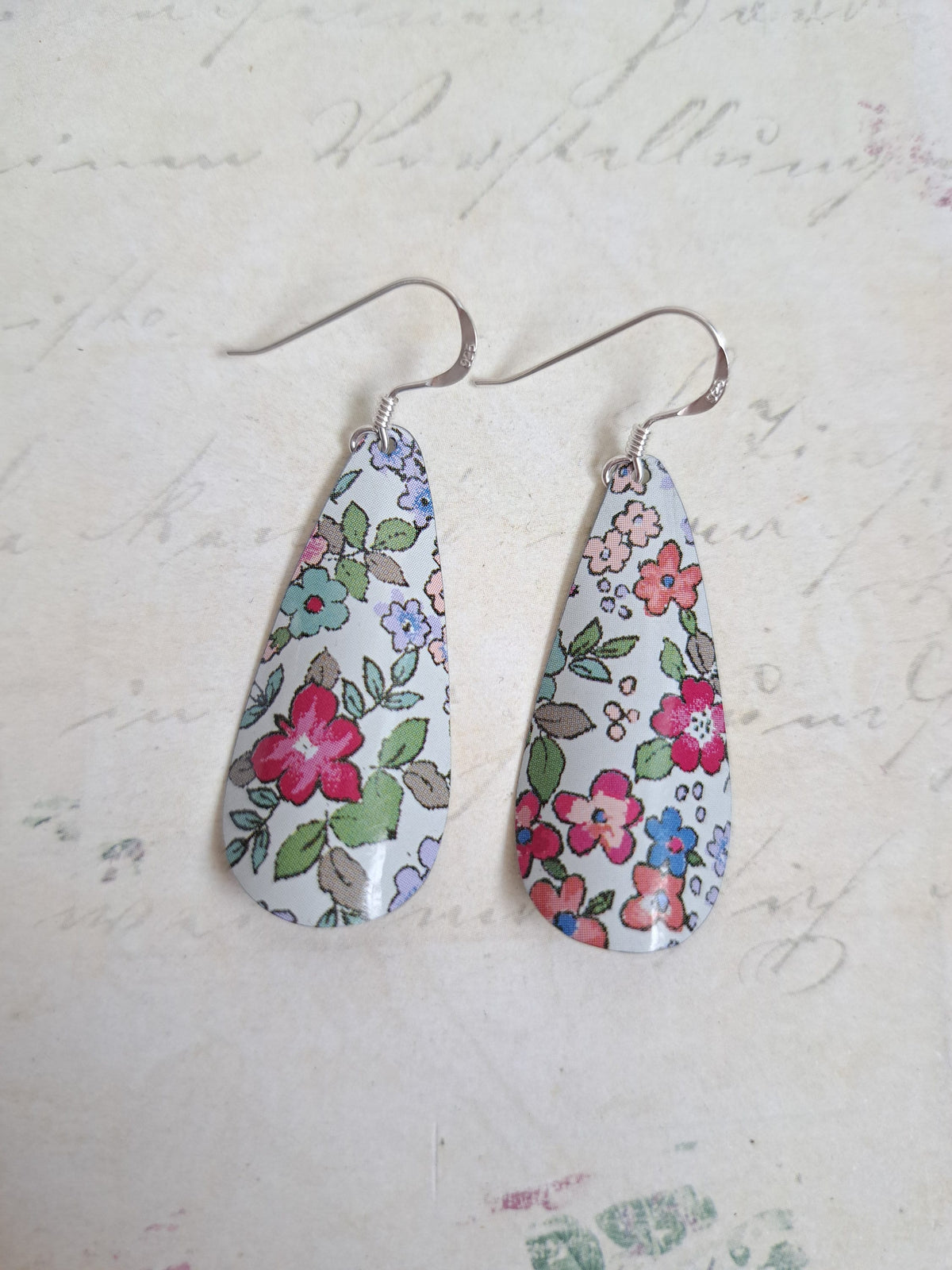 Upcycled Tin Dangle Earrings: Pastel Floral Teardrop, Sterling Silver Hooks
