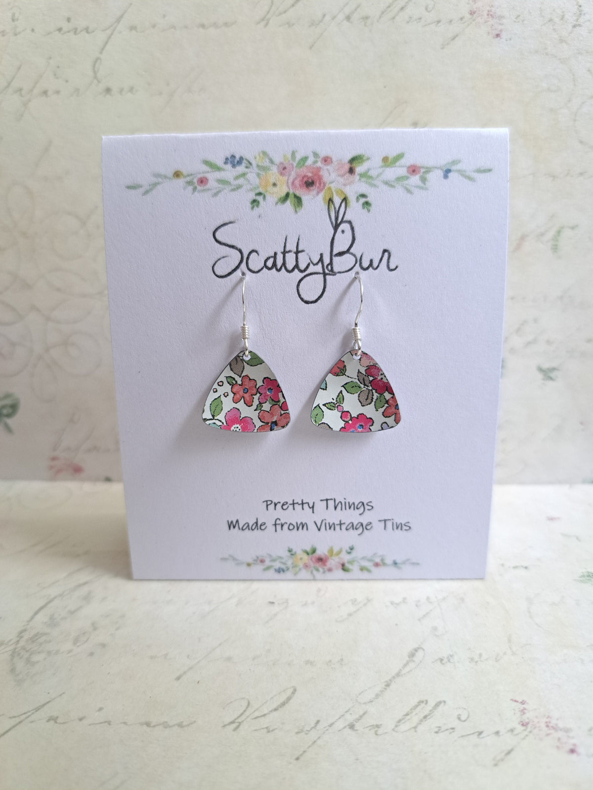 Ditsy Pink/Blue Floral Earrings (1pr) - Upcycled Gift Tin, Sterling Silver Hooks