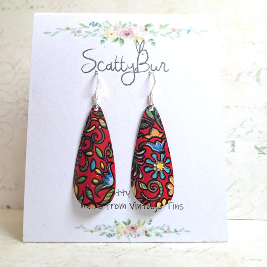 1950s Red Floral Vintage Tin Earrings