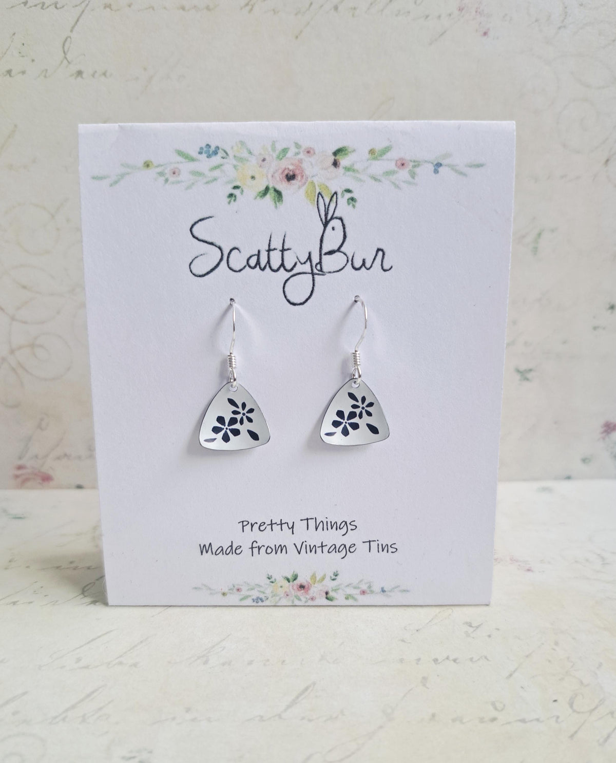 Recycled Tin Earrings: Tiny Blue & White Floral Design